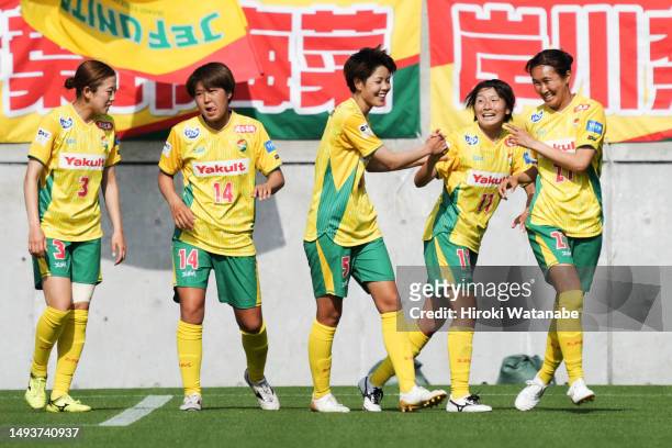 Remina Chiba of JEF United Chiba Ladies celebrates scoring her team's third goal during the WE League match between Omiya Ardija Ventus and JEF...