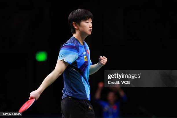 Sun Yingsha of China reacts in the Women's Singles semi-final match against Hina Hayata of Japan on day 8 of World Table Tennis Championships Finals...