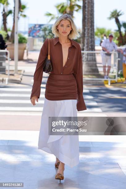 Elsa Hosk is seen on the "Croisette" wearing the new "Helsa Studio Collection" during the 76th Cannes film festival on May 27, 2023 in Cannes, France.