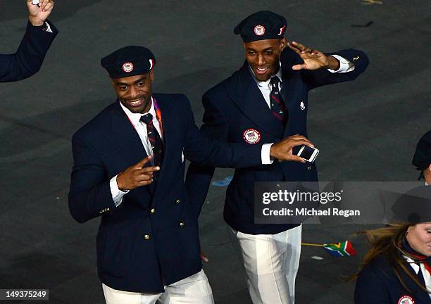 Sprinter Tyson Gay of the United States enters the stadium during the Opening Ceremony of the London 2012 Olympic Games at the Olympic Stadium on...