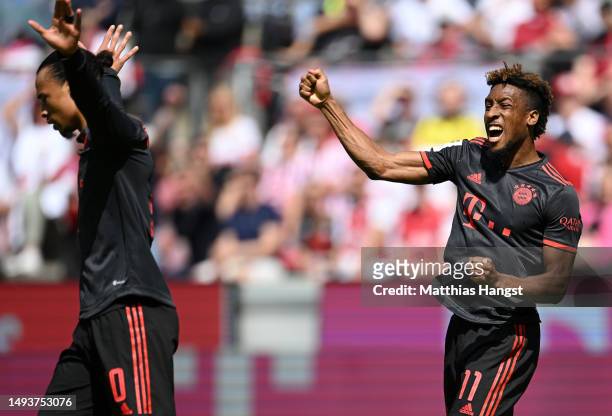 Kingsley Coman of FC Bayern Munich celebrates after scoring the team's first goal during the Bundesliga match between 1. FC Köln and FC Bayern...