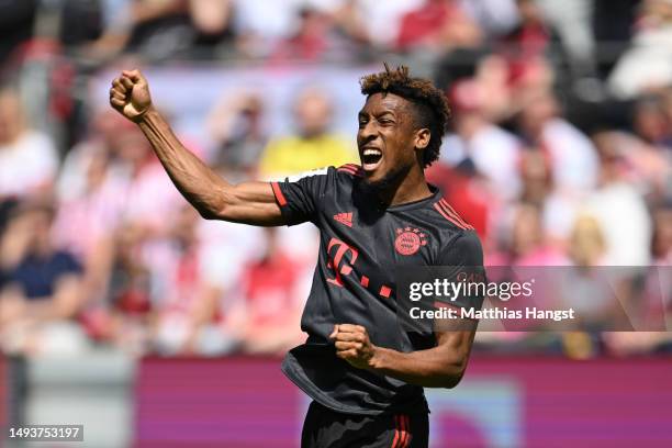 Kingsley Coman of FC Bayern Munich celebrates after scoring the team's first goal during the Bundesliga match between 1. FC Köln and FC Bayern...