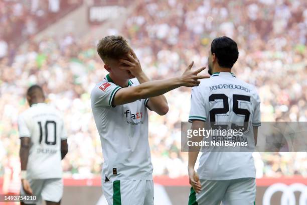 Luca Netz of Borussia Moenchengladbach celebrates after scoring the team's first goal during the Bundesliga match between Borussia Mönchengladbach...