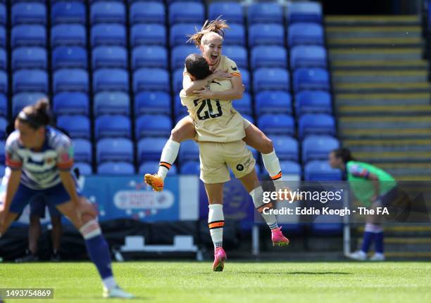 Sam Kerr of Chelsea celebrates after scoring the team's first goal during the FA Women's Super League match between Reading and Chelsea at Select Car...