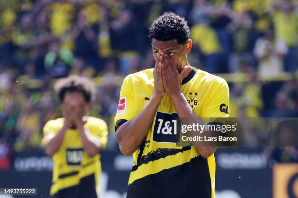 Sebastien Haller of Borussia Dortmund reacts after their penalty was saved by Finn Dahmen of 1.FSV Mainz 05 during the Bundesliga match between...