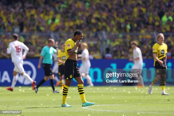 Sebastien Haller of Borussia Dortmund reacts after Karim Onisiwo of 1.FSV Mainz 05 scored their sides second goal during the Bundesliga match between...