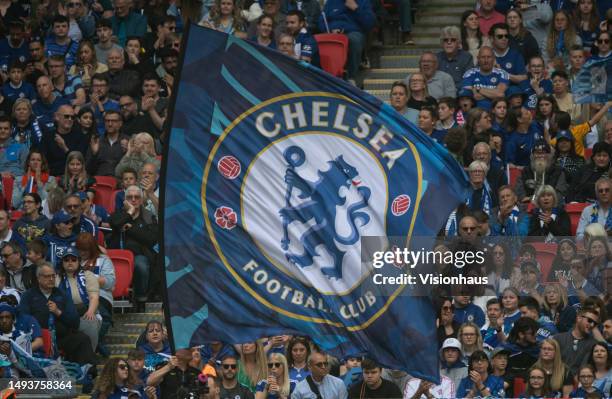 Chelsea flag being waved during the Vitality Women's FA Cup Final between Chelsea FC and Manchester United at Wembley Stadium on May 14, 2023 in...