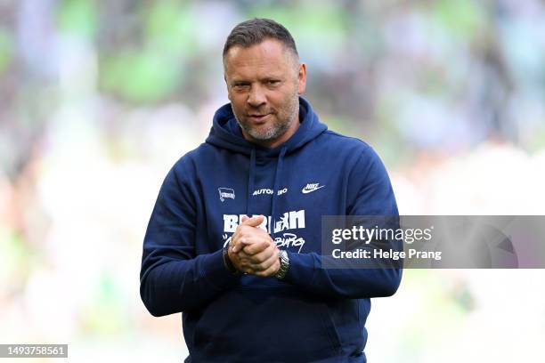 Pal Dardai, Head Coach of Hertha Berlin, looks on prior to the Bundesliga match between VfL Wolfsburg and Hertha BSC at Volkswagen Arena on May 27,...