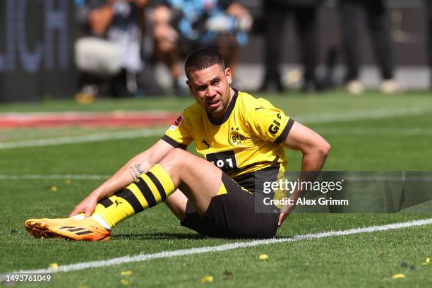 Raphael Guerreiro of Borussia Dortmund reacts during the Bundesliga match between Borussia Dortmund and 1. FSV Mainz 05 at Signal Iduna Park on May...