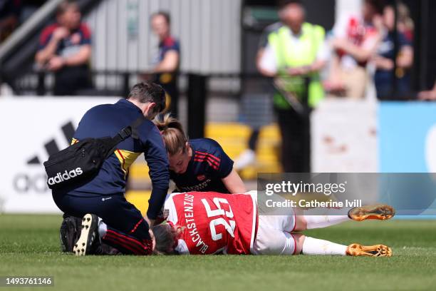 Stina Blackstenius of Arsenal goes down with an injury during the FA Women's Super League match between Arsenal and Aston Villa at Meadow Park on May...