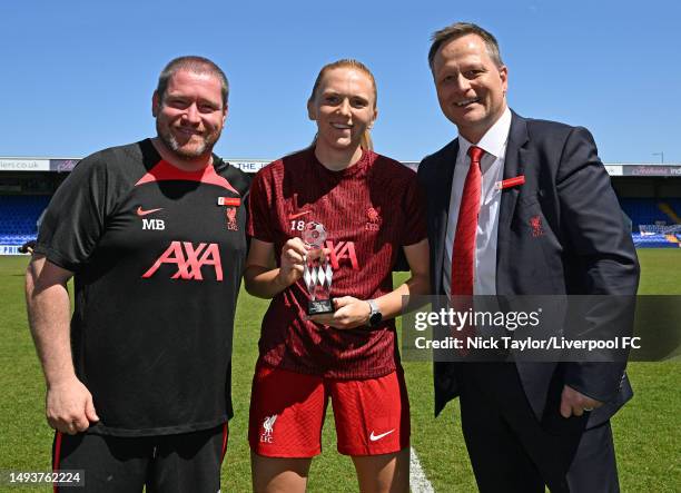 Ceri Holland of Liverpool Women with the players player of the year award, pictures with Matt Beard manager of Liverpool Women and Russ Fraser M.D....