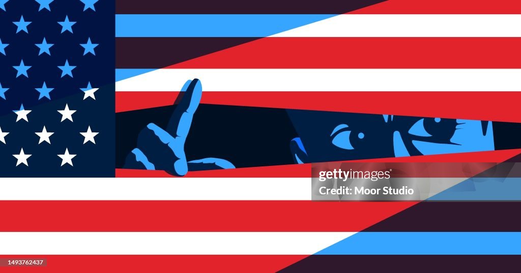 Mann, der hinter der Vektorillustration der amerikanischen Flagge lauert