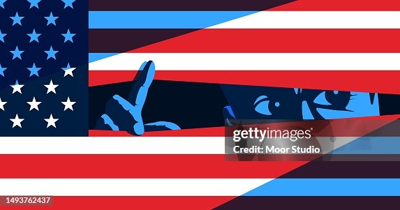 Uomo in agguato dietro l'illustrazione vettoriale della bandiera americana Uomo in agguato dietro l'illustrazione vettoriale della bandiera americana