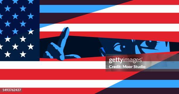 stockillustraties, clipart, cartoons en iconen met man lurrking behind the american flag vector illustration - working to get big money out of politics forum