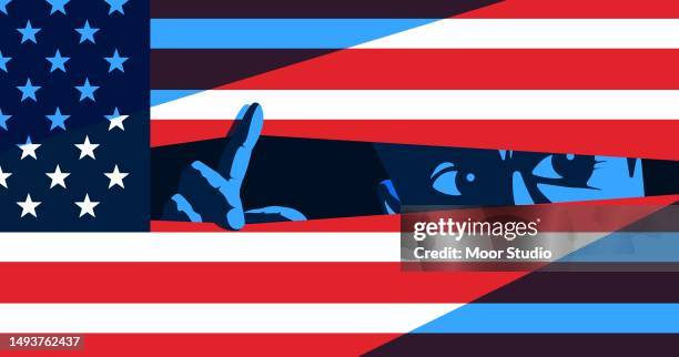 ilustrações de stock, clip art, desenhos animados e ícones de man lurrking behind the american flag vector illustration - big brother