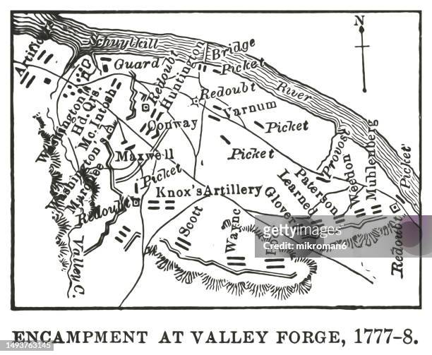 old engraved illustration of  map of encampment at valley forge (1777-1778) - american troops at valley forge fotografías e imágenes de stock
