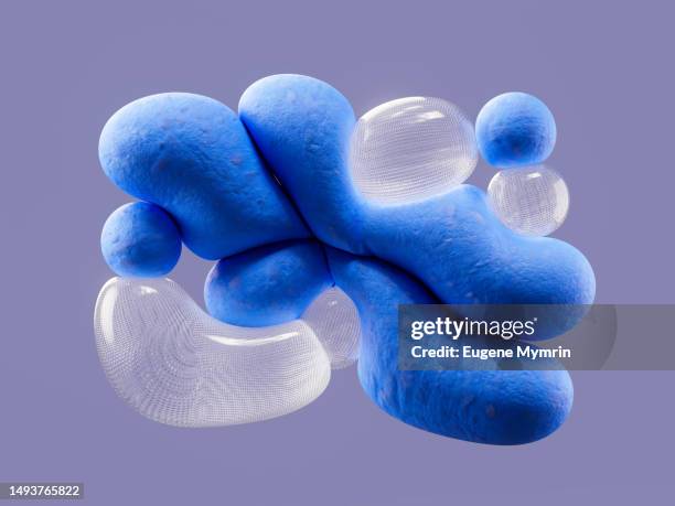 flying blue and glass balloons on purple background - molecuul stockfoto's en -beelden