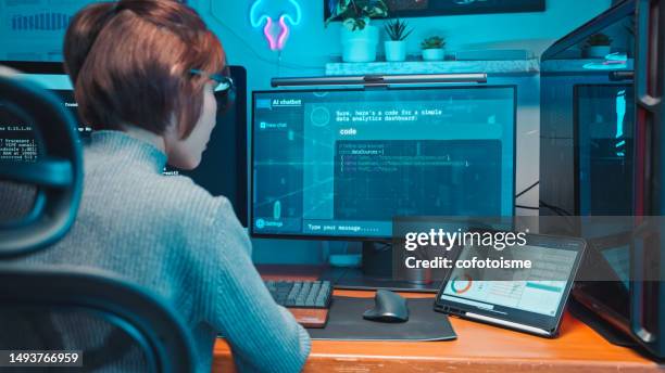 female developers using ai writes the code for data analytics - cloud security stock pictures, royalty-free photos & images