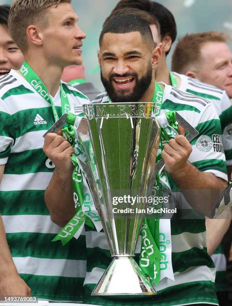 Cameron Carter-Vickers of Celtic is seen with the SPL Trophy during the Cinch Scottish Premiership match between Celtic and Aberdeen at Celtic Park...