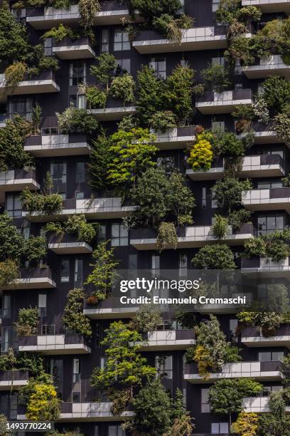 Detail view of the so called Bosco Verticale , a pair of residential towers designed by Italian architect Stefano Boeri and located in the Porta...