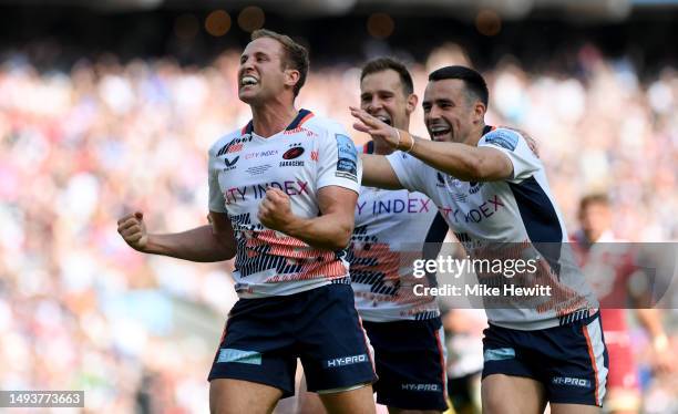 Max Malins of Saracens celebrates scoring the team's second try during the Gallagher Premiership Final between Saracens and Sale Sharks at Twickenham...