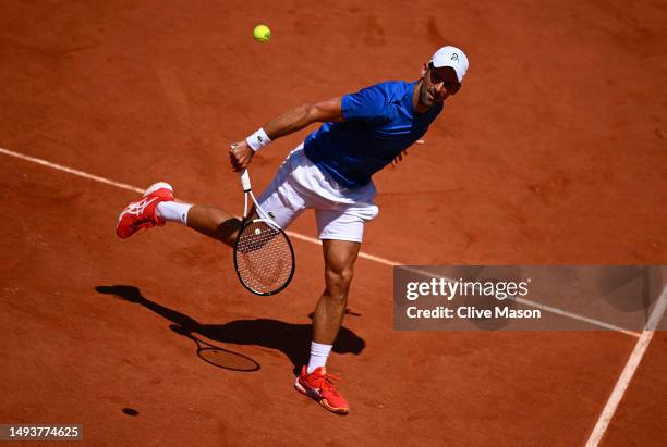 Novak Djokovic of Serbia in action during a practice match ahead of the French Open Tennis at Roland Garros on May 27, 2023 in Paris, France.