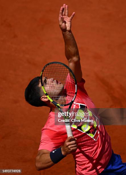 Carlos Alcaraz of Spain in action during a practice match ahead of the French Open Tennis at Roland Garros on May 27, 2023 in Paris, France.