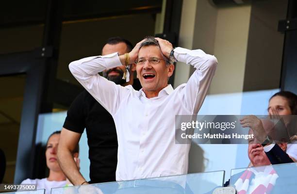 Herbert Hainer, President of FC Bayern Munich, reacts during the Bundesliga match between 1. FC Köln and FC Bayern München at RheinEnergieStadion on...