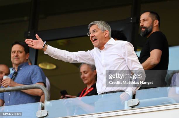 Herbert Hainer, President of FC Bayern Munich, reacts during the Bundesliga match between 1. FC Köln and FC Bayern München at RheinEnergieStadion on...