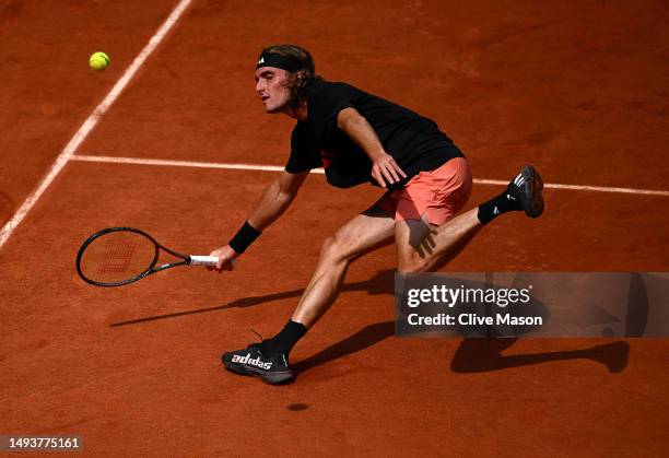 Stefanos Tsitsipas of Greece in action during a practice match ahead of the French Open Tennis at Roland Garros on May 27, 2023 in Paris, France.