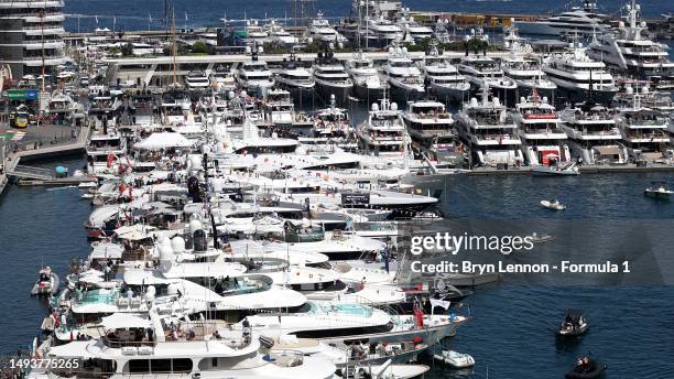 General view of boats in the harbour during qualifying ahead of the F1 Grand Prix of Monaco at Circuit de Monaco on May 27, 2023 in Monte-Carlo,...