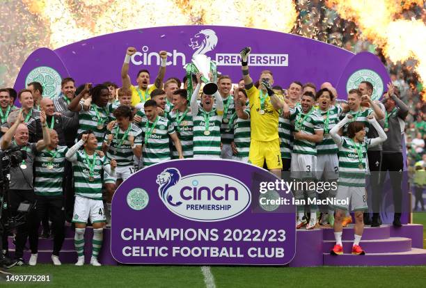 Callum McGregor of Celtic lifts the trophy during the Cinch Scottish Premiership match between Celtic and Aberdeen at Celtic Park Stadium on May 24,...