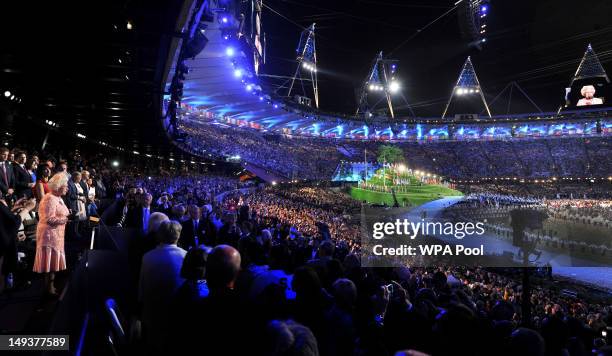 Queen Elizabeth II makes a speech during the Opening Ceremony of the London 2012 Olympic Games at the Olympic Stadium on July 27, 2012 in London,...