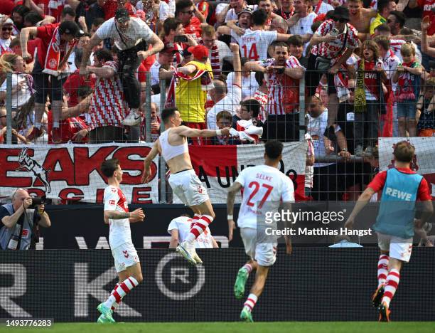 Dejan Ljubicic of 1.FC Koeln celebrates after scoring the team's first goal from a penalty kick during the Bundesliga match between 1. FC Köln and FC...