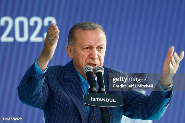 Turkey's President Recep Tayyip Erdogan speaks at his final election campaign rally of the second round of the election campaign on May 27, 2023 in...