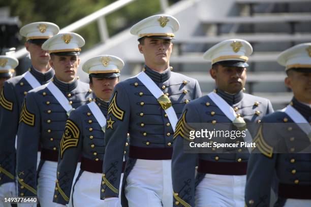 Cadets walk into Michie Stadium during West Point's graduation ceremony on May 27, 2023 in West Point, New York. Vice President Kamala Harris will...