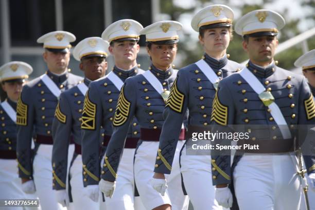 Cadets walk into Michie Stadium during West Point's graduation ceremony on May 27, 2023 in West Point, New York. Vice President Kamala Harris will...