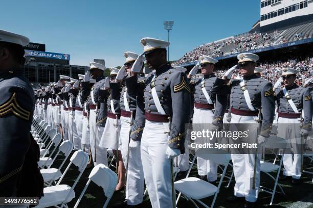 Cadets walk into Michie Stadium during West Point's graduation ceremony on May 27, 2023 in West Point, New York. Vice President Kamala Harris will...