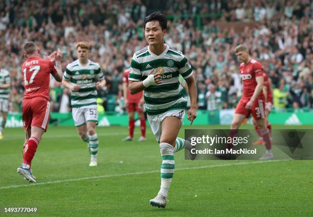 Hyeongyu Oh of Celtic celebrates after he scores his teams fourth goal during the Cinch Scottish Premiership match between Celtic and Aberdeen at...