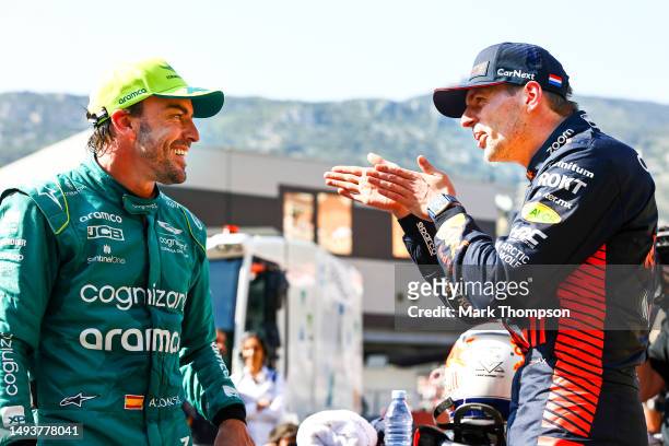 Pole position qualifier Max Verstappen of the Netherlands and Oracle Red Bull Racing and Second placed qualifier Fernando Alonso of Spain and Aston...