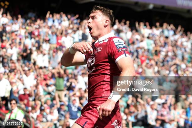 Tom Roebuck of Sale Sharks celebrates scoring the team's second try during the Gallagher Premiership Final between Saracens and Sale Sharks at...