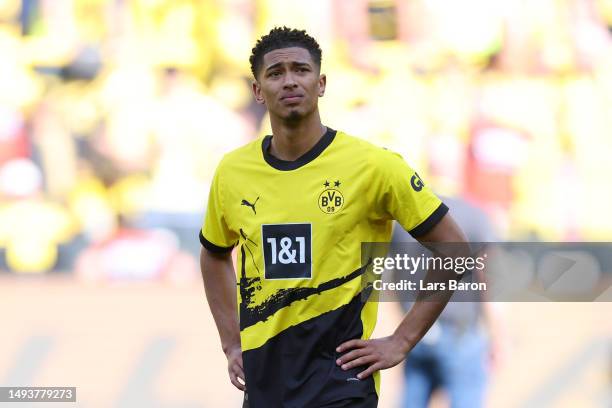 Jude Bellingham of Borussia Dortmund looks dejected following the team's draw, as they finish second in the Bundesliga behind FC Bayern Munich during...