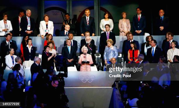 Queen Elizabeth II speaks during the Opening Ceremony of the London 2012 Olympic Games at the Olympic Stadium on July 27, 2012 in London, England.