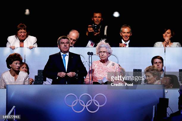 Queen Elizabeth II speaks during the Opening Ceremony of the London 2012 Olympic Games at the Olympic Stadium on July 27, 2012 in London, England.