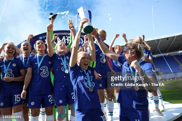 Magdalena Eriksson and Millie Bright of Chelsea lift the Barclays Women's Super League trophy after the team's victory during the FA Women's Super...