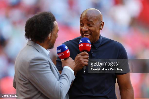 Sky Sports pundit Dion Dublin speaks prior to the Sky Bet Championship Play-Off Final between Coventry City and Luton Town at Wembley Stadium on May...