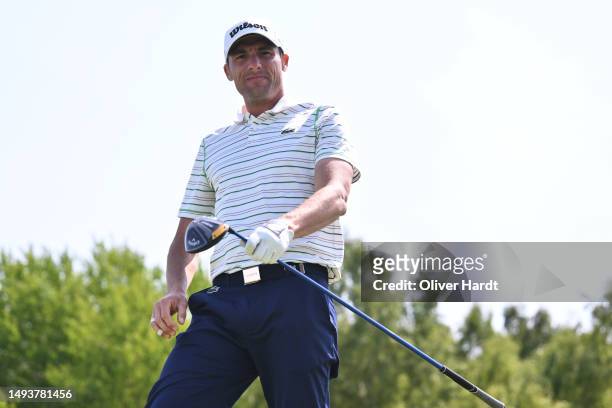 Benjamin Hebert of France reacts after his first shot on the 10th hole during Day Three of the Copenhagen Challenge presented by Ejner Hessel at...