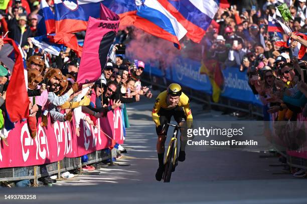Primož Roglič of Slovenia and Team Jumbo-Visma crosses the finish line during the 106th Giro d'Italia 2023, Stage 20 a 18.6km individual climbing...