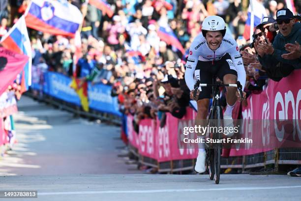 João Almeida of Portugal and UAE Team Emirates - White Best Young Rider Jersey crosses the finish line during the 106th Giro d'Italia 2023, Stage 20...