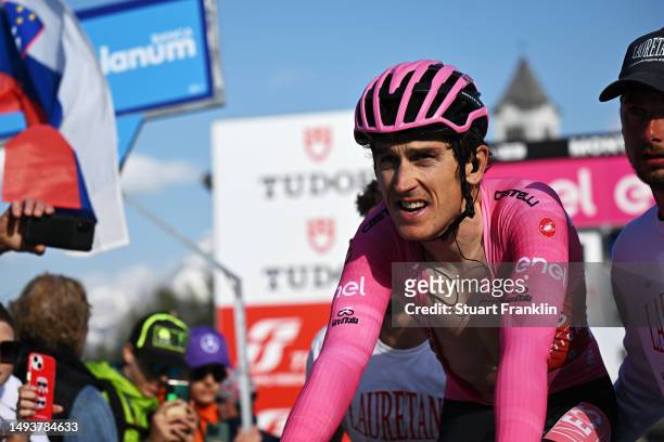 Geraint Thomas of The United Kingdom and Team INEOS Grenadiers - Pink Leader Jersey disappointments crossing the finish line during the 106th Giro...